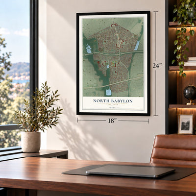 North Babylon, New York map, 18 x 24 inch print in a black frame in a home office