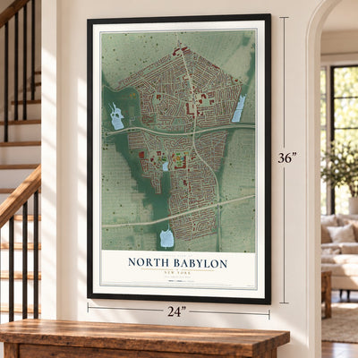 North Babylon, New York map, 24 x 36 inch print in a black frame by a staircase