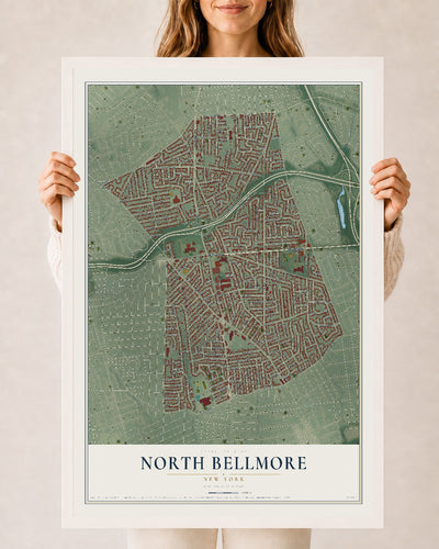 North Bellmore, New York map print, 24" x 36" W/ White Ayous Wood Frame mockup