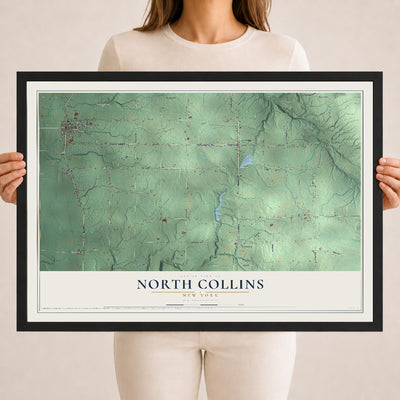 North Collins, New York map print, 18" x 24" W/ Black Ayous Wood Frame mockup