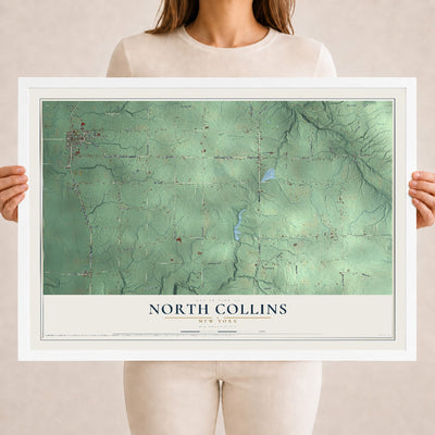 North Collins, New York map print, 18" x 24" W/ White Ayous Wood Frame mockup