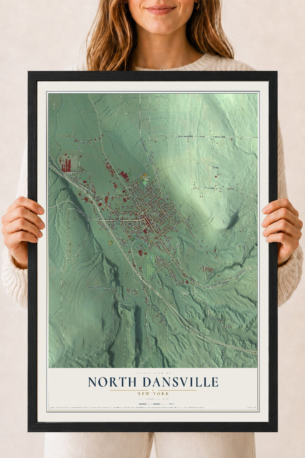 North Dansville, New York map print, 18" x 24" W/ Black Ayous Wood Frame mockup