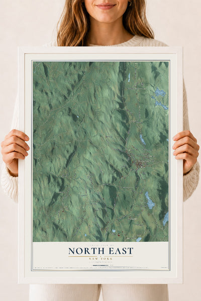 North East, New York map print, 18" x 24" W/ White Ayous Wood Frame mockup
