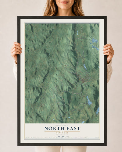 North East, New York map print, 24" x 36" W/ Black Ayous Wood Frame mockup