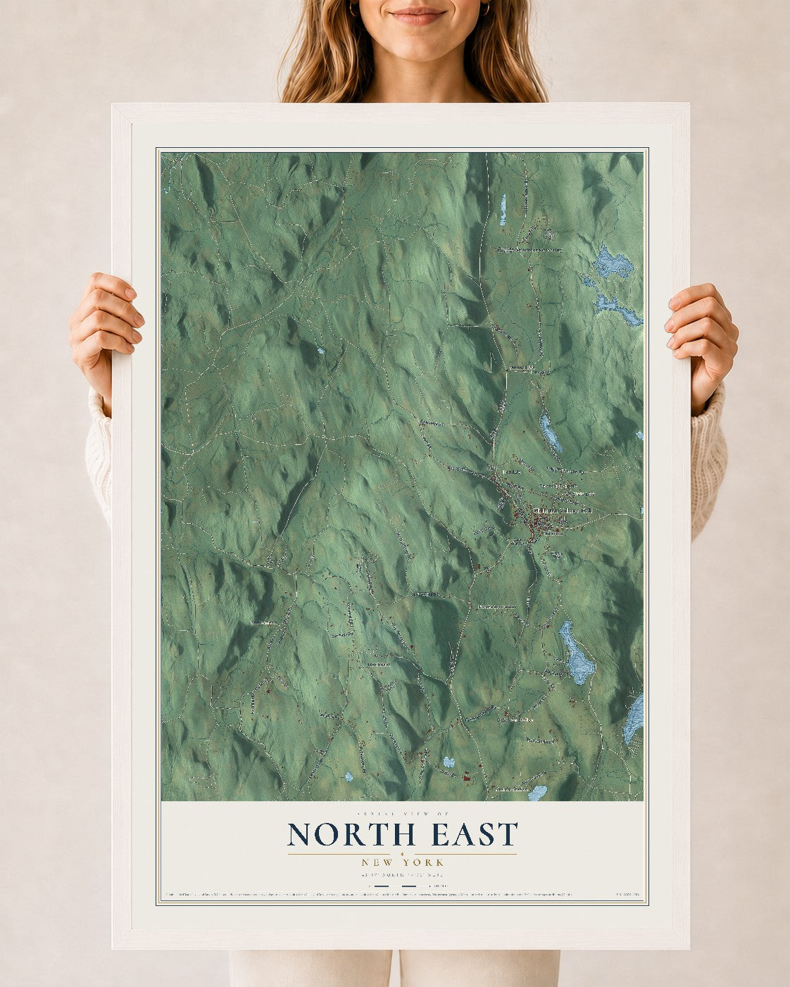 North East, New York map print, 24" x 36" W/ White Ayous Wood Frame mockup