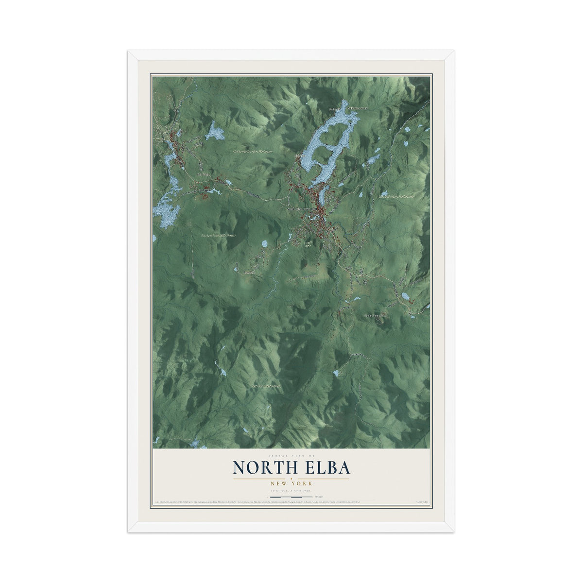 North Elba, New York map print, 12" x 18" W/ White Ayous Wood Frame mockup
