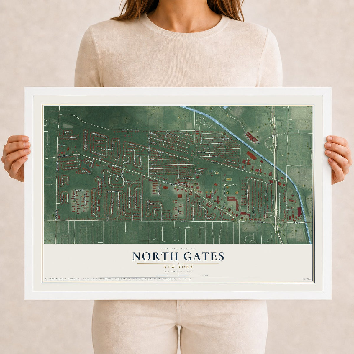 North Gates, New York map print, 12" x 18" W/ White Ayous Wood Frame mockup