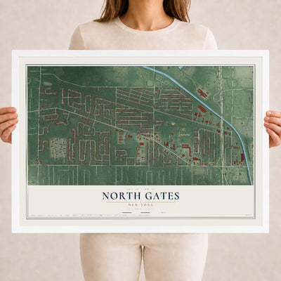 North Gates, New York map print, 18" x 24" W/ White Ayous Wood Frame mockup