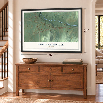North Granville, New York map, 24 x 36 inch print in a black frame above a dresser by a staircase