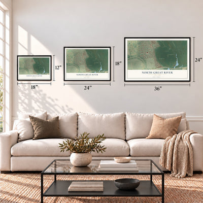 North Great River, New York map in 12 x 18, 18 x 24 and 24 x 36 inch sizes above a sofa