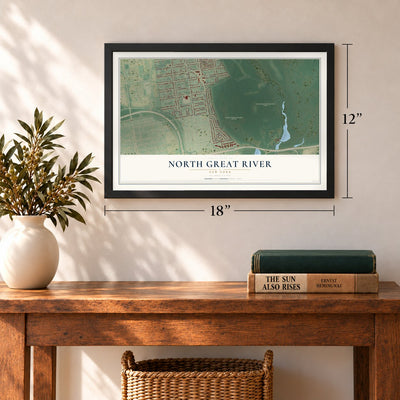 North Great River, New York map, 12 x 18 inch print in a black frame in an entryway