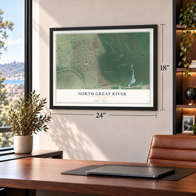 North Great River, New York map, 18 x 24 inch print in a black frame in a home office