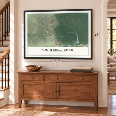 North Great River, New York map, 24 x 36 inch print in a black frame above a dresser by a staircase