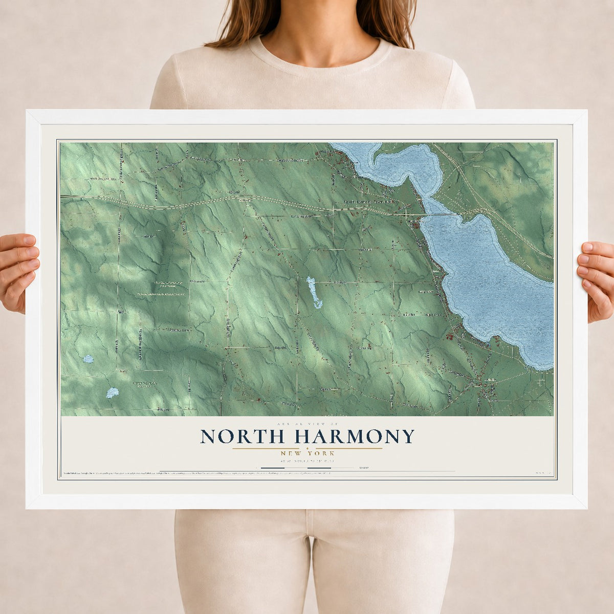 North Harmony, New York map print, 18" x 24" W/ White Ayous Wood Frame mockup