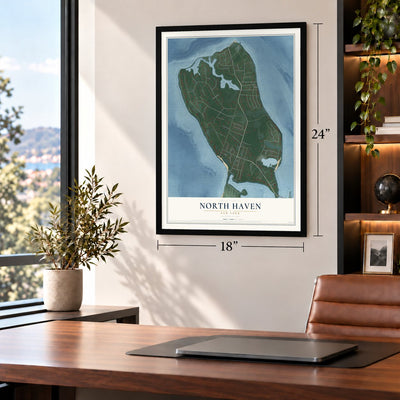 North Haven, New York map, 18 x 24 inch print in a black frame in a home office