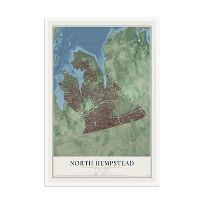 North Hempstead, New York map print, 12" x 18" W/ White Ayous Wood Frame mockup