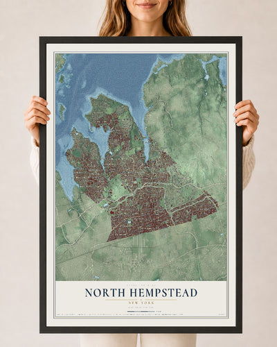 North Hempstead, New York map print, 24" x 36" W/ Black Ayous Wood Frame mockup