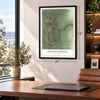 North Hornell, New York map, 18 x 24 inch print in a black frame in a home office