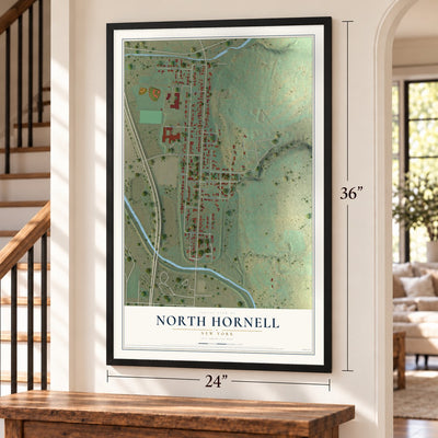 North Hornell, New York map, 24 x 36 inch print in a black frame by a staircase