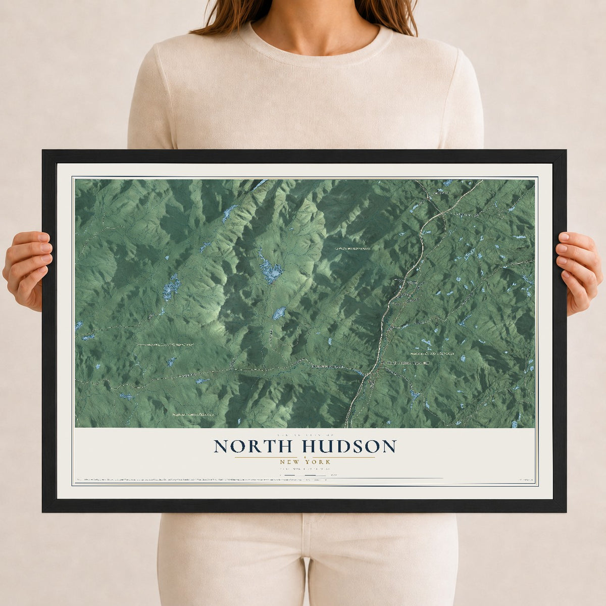 North Hudson, New York map print, 12" x 18" W/ Black Ayous Wood Frame mockup