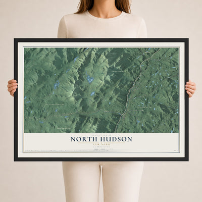 North Hudson, New York map print, 24" x 36" W/ Black Ayous Wood Frame mockup