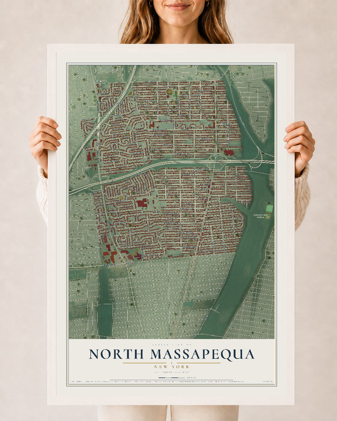North Massapequa, New York map print, 24" x 36" W/ White Ayous Wood Frame mockup