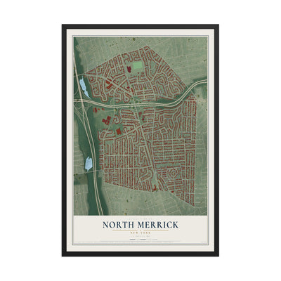 North Merrick, New York map print, 12" x 18" W/ Black Ayous Wood Frame mockup