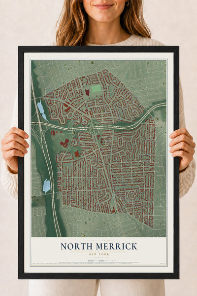 North Merrick, New York map print, 18" x 24" W/ Black Ayous Wood Frame mockup