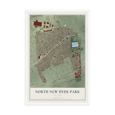 North New Hyde Park, New York map print, 12" x 18" W/ White Ayous Wood Frame mockup