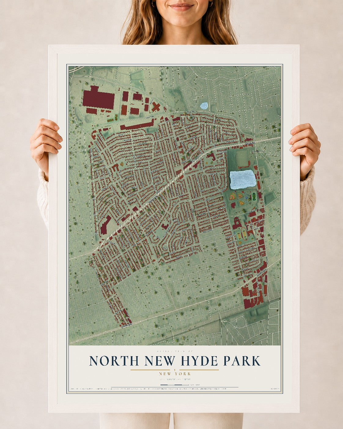 North New Hyde Park, New York map print, 24" x 36" W/ White Ayous Wood Frame mockup