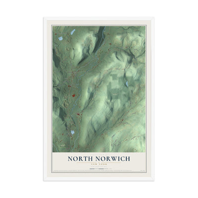 North Norwich, New York map print, 12" x 18" W/ White Ayous Wood Frame mockup