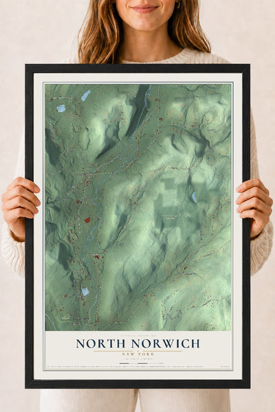 North Norwich, New York map print, 18" x 24" W/ Black Ayous Wood Frame mockup