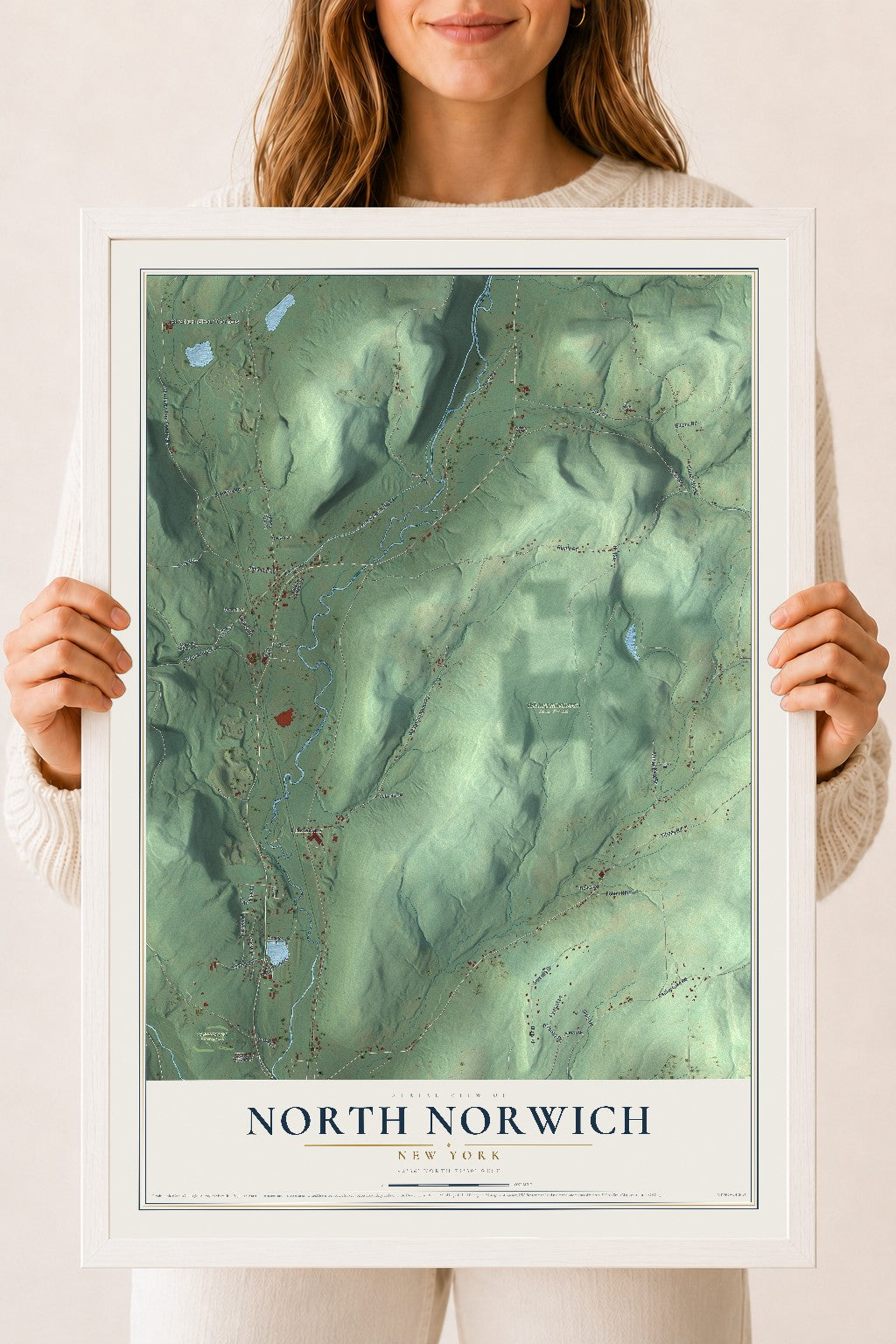 North Norwich, New York map print, 18" x 24" W/ White Ayous Wood Frame mockup
