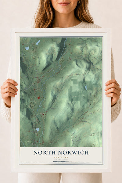 North Norwich, New York map print, 18" x 24" W/ White Ayous Wood Frame mockup