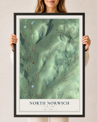 North Norwich, New York map print, 24" x 36" W/ Black Ayous Wood Frame mockup