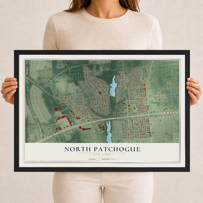 North Patchogue, New York map print, 12" x 18" W/ Black Ayous Wood Frame mockup