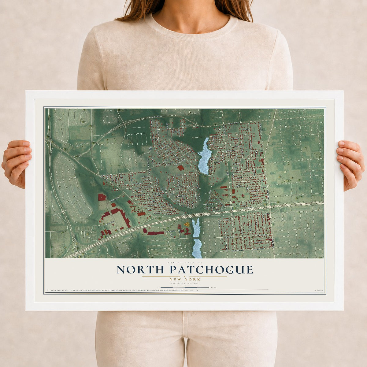 North Patchogue, New York map print, 12" x 18" W/ White Ayous Wood Frame mockup