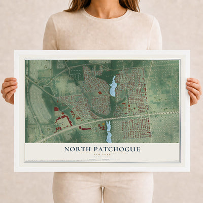 North Patchogue, New York map print, 12" x 18" W/ White Ayous Wood Frame mockup