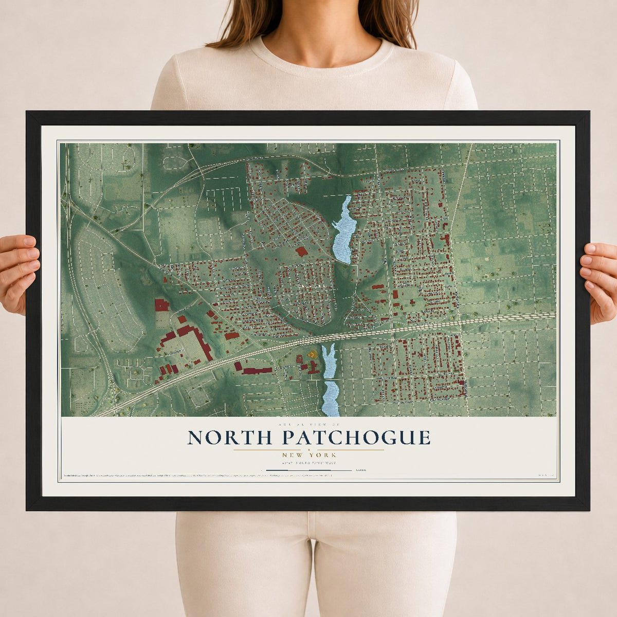 North Patchogue, New York map print, 18" x 24" W/ Black Ayous Wood Frame mockup