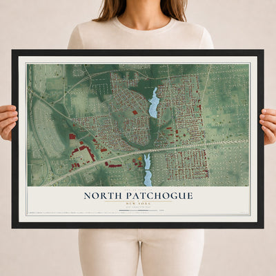 North Patchogue, New York map print, 18" x 24" W/ Black Ayous Wood Frame mockup
