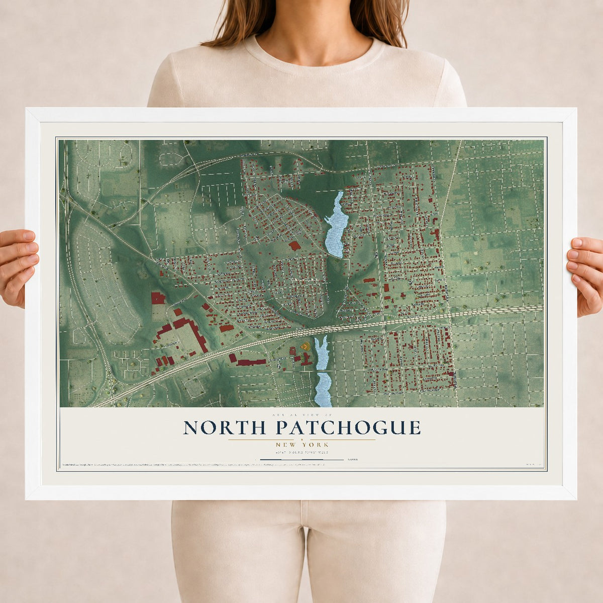 North Patchogue, New York map print, 18" x 24" W/ White Ayous Wood Frame mockup