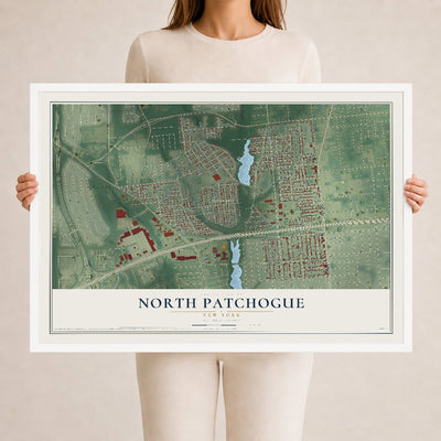 North Patchogue, New York map print, 24" x 36" W/ White Ayous Wood Frame mockup