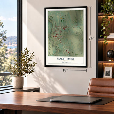 North Rose, New York map, 18 x 24 inch print in a black frame in a home office