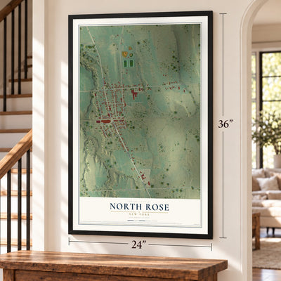 North Rose, New York map, 24 x 36 inch print in a black frame by a staircase