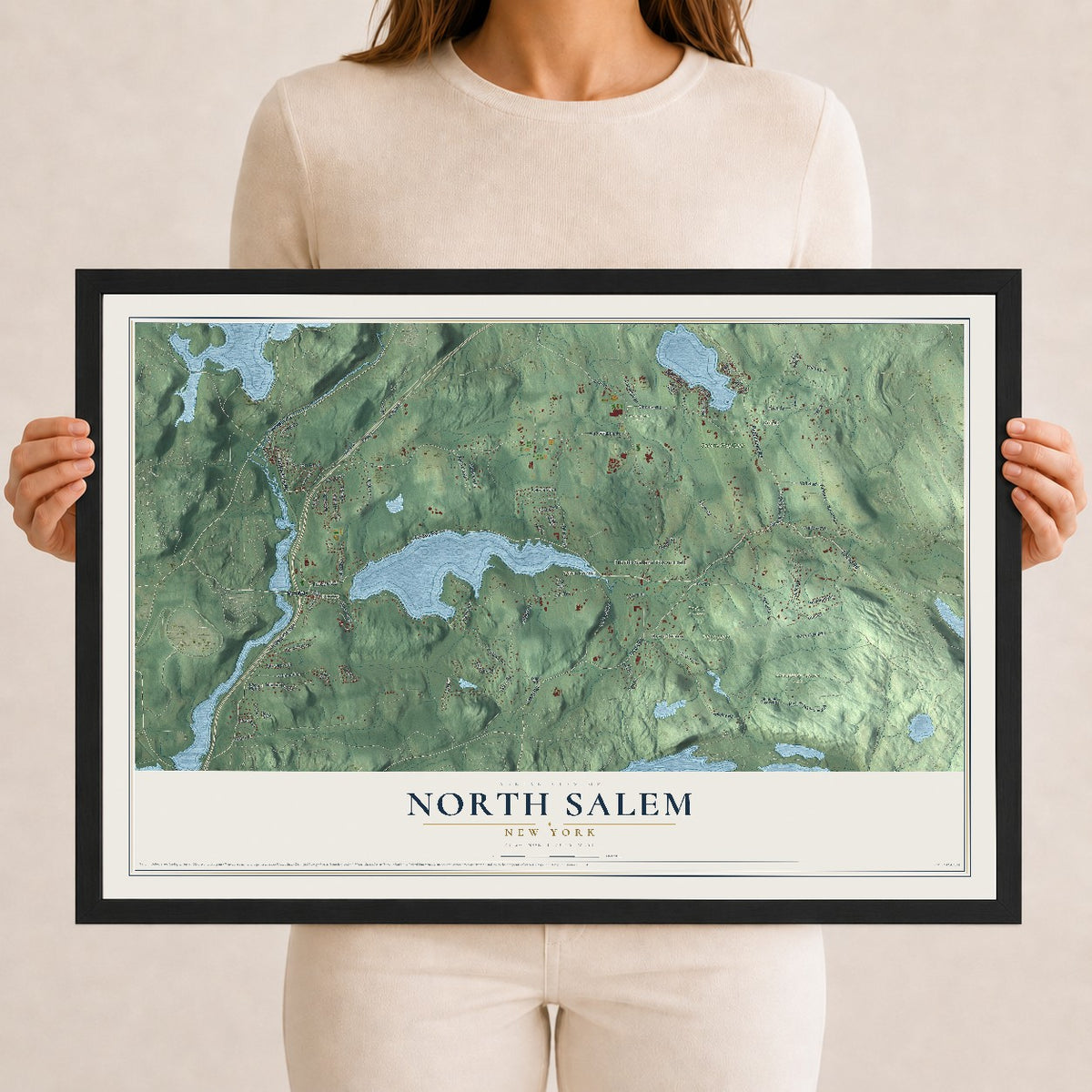North Salem, New York map print, 12" x 18" W/ Black Ayous Wood Frame mockup
