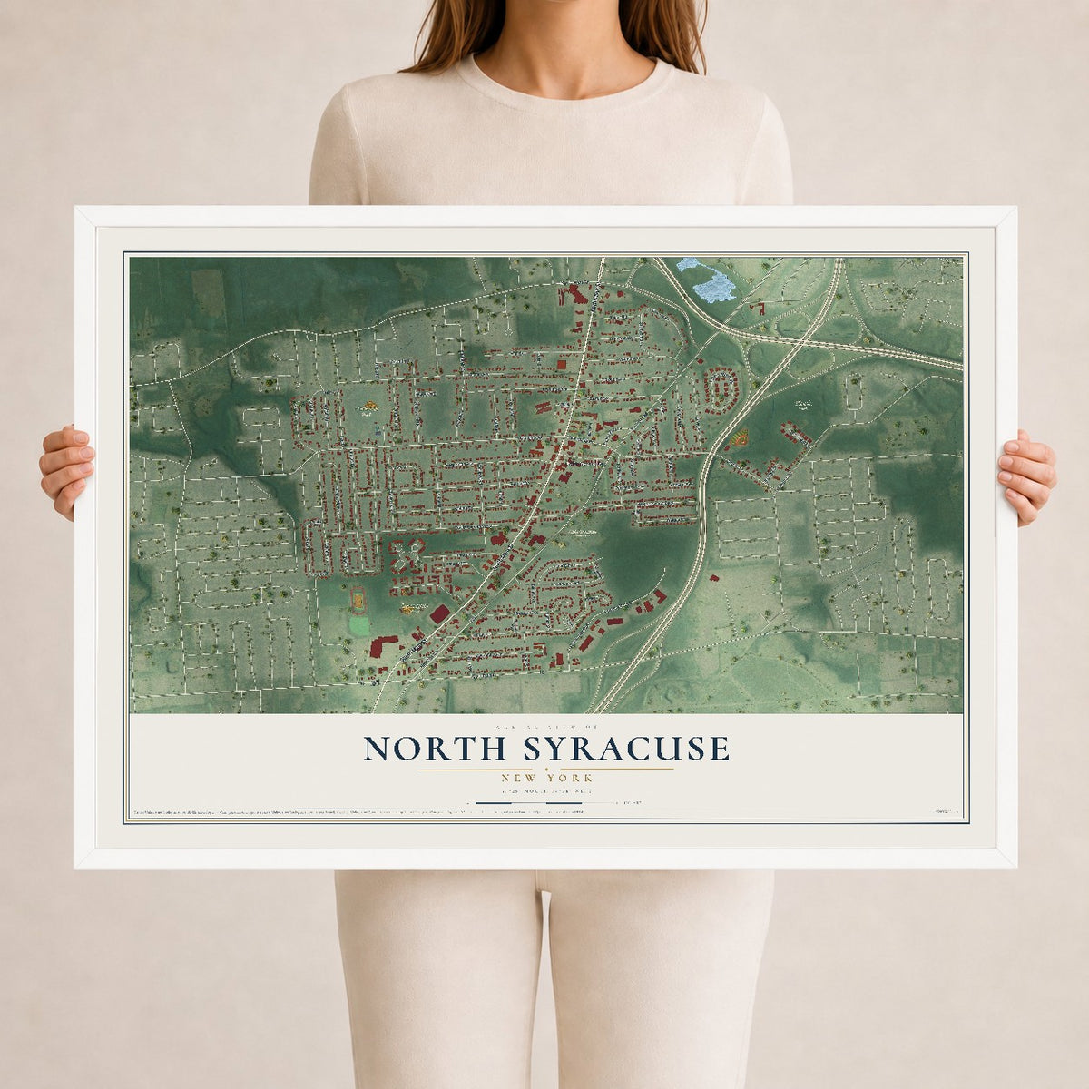 North Syracuse, New York map print, 24" x 36" W/ White Ayous Wood Frame mockup