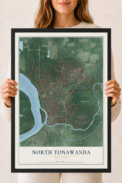 North Tonawanda, New York map print, 18" x 24" W/ Black Ayous Wood Frame mockup