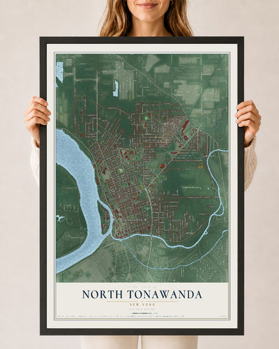 North Tonawanda, New York map print, 24" x 36" W/ Black Ayous Wood Frame mockup
