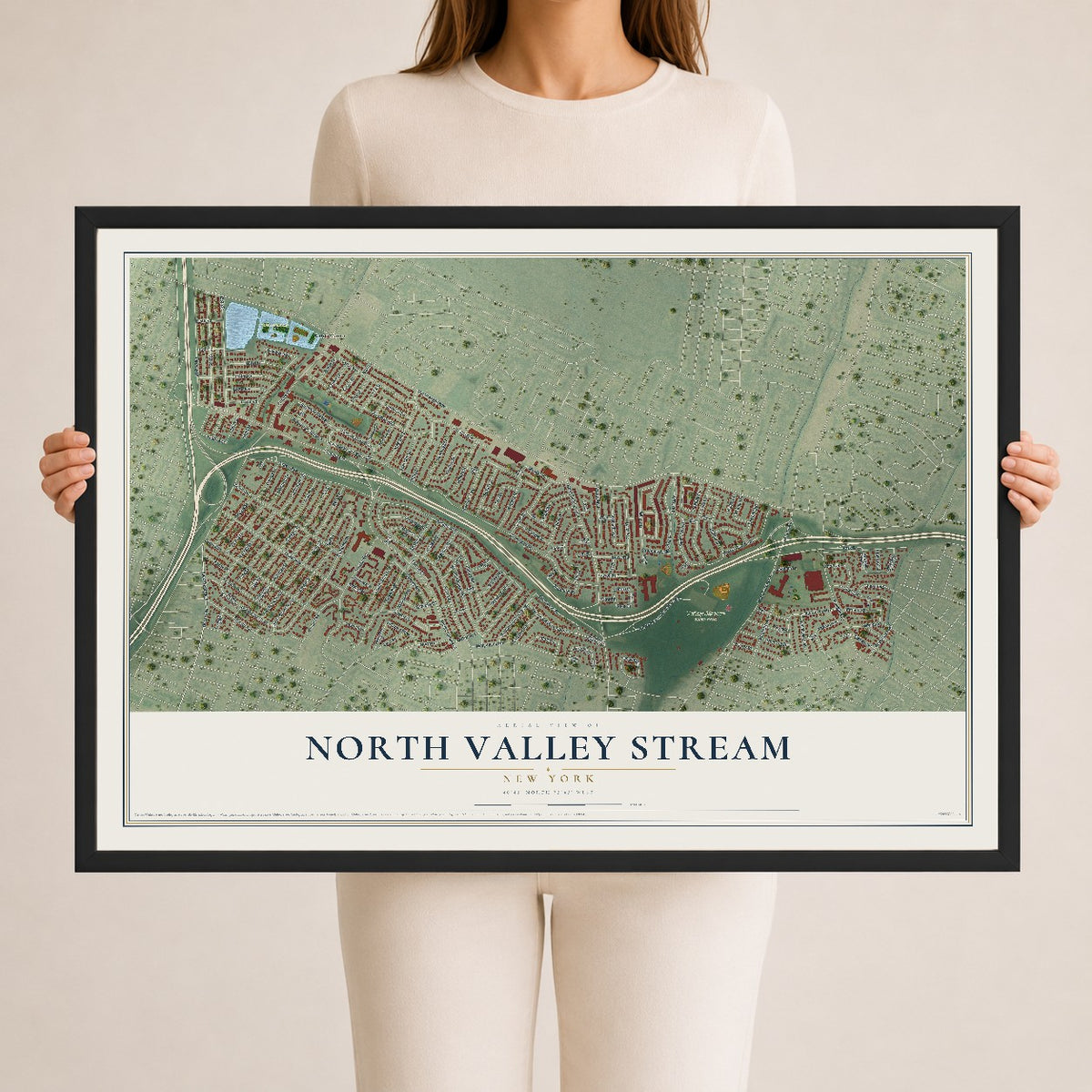 North Valley Stream, New York map print, 24" x 36" W/ Black Ayous Wood Frame mockup