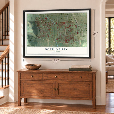 North Valley, New York map, 24 x 36 inch print in a black frame above a dresser by a staircase